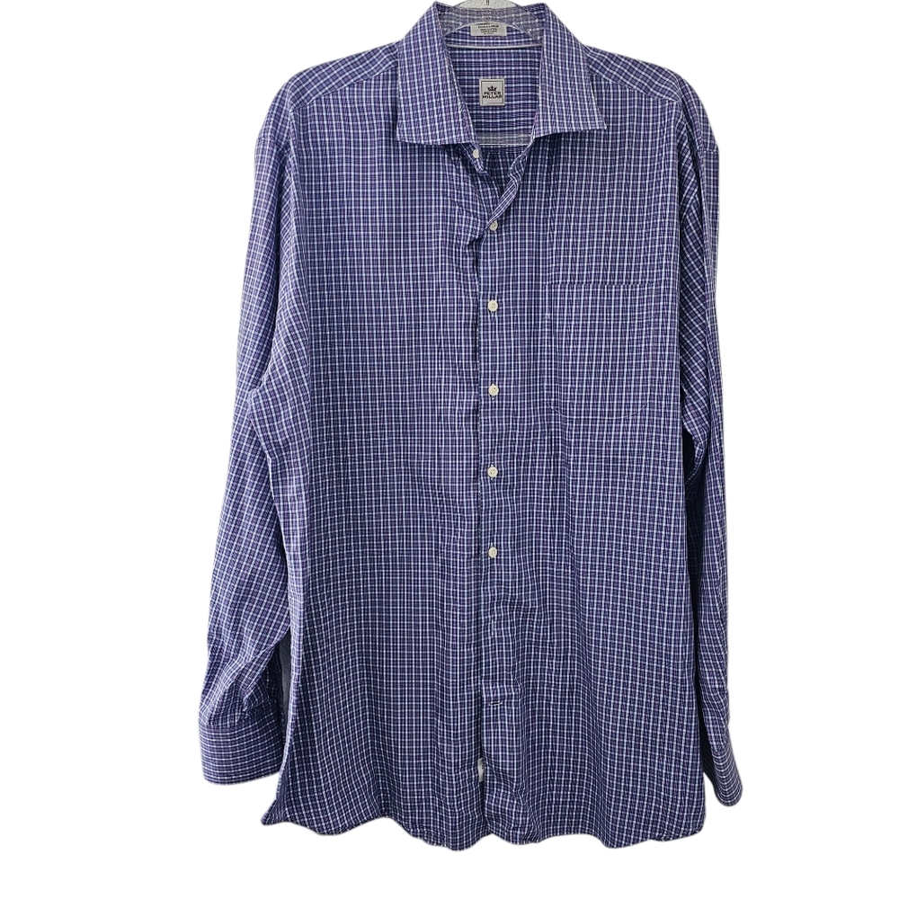 Peter Millar 100% Mens Cotton Purple Pink Check‎ Long Sleeve Button Up Shirt XL